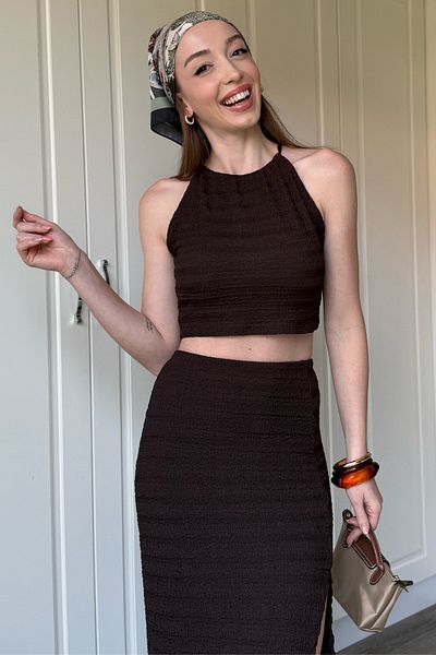 Dilay Gökoğlu Butik Brown Seersucker Skirt Suit with Tie-Up