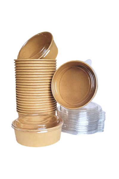 HORECA Bol de salată Kraft cu capac transparent, 550ml, set de 50 de bucăți