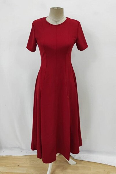Mossta Short Sleeve Crew Neck Midi Imported Crepe Dress - Red