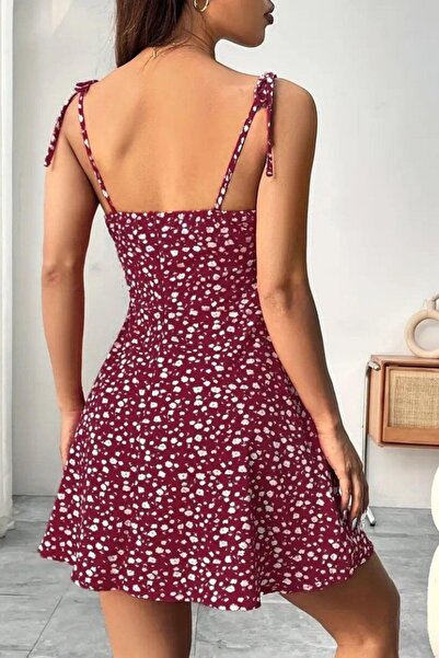 Mossta Square Neck Gathered Detail Mini Single Jersey Dress with Strap - Red