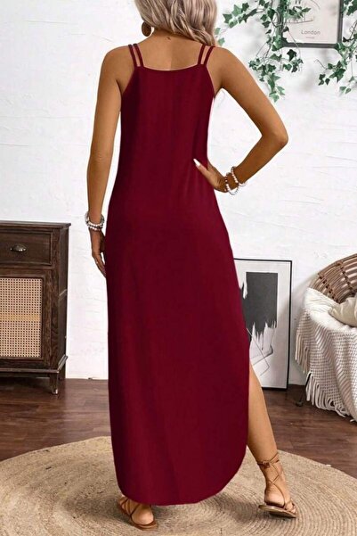 Mossta Strappy V-Neck Casual Cut Long Viscose Dress - Burgundy