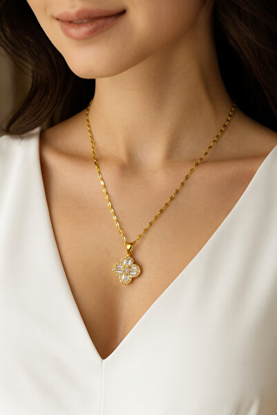 hexelle jewellery Zirkon Taşlı Yonca Figürlü Çelik Kolye Altın Kaplama Kadın ...