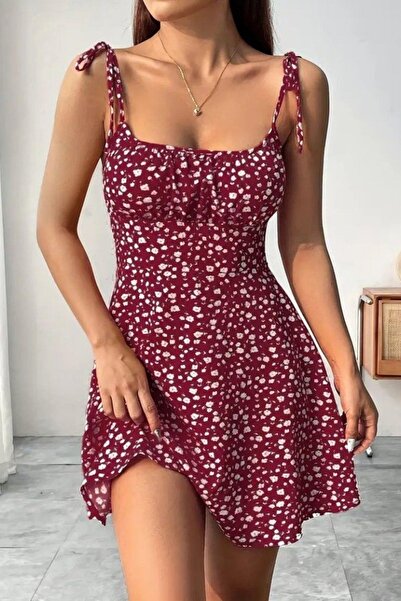 Mossta Square Neck Gathered Detail Mini Single Jersey Dress with Strap - Red