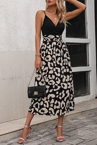 Mossta Double Breasted Collar Patterned Midi Dress with Thin Straps - Black