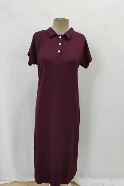 Mossta Polo Neck Button Detailed Side Slit Long Dress - Claret Red