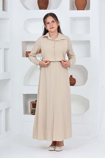 Asortix Girl's Long Length Seersucker Fabric Gilet & Dress Two Piece Set – Lined Elegant Set-4948