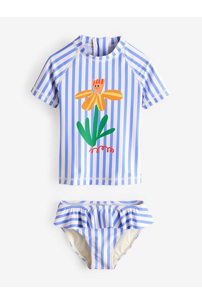 Next Baby Μπλε Λευκό Ριγέ Μοτίβο λουλουδιών Sunsafe Protect Μαγιό Κάτω Σετ