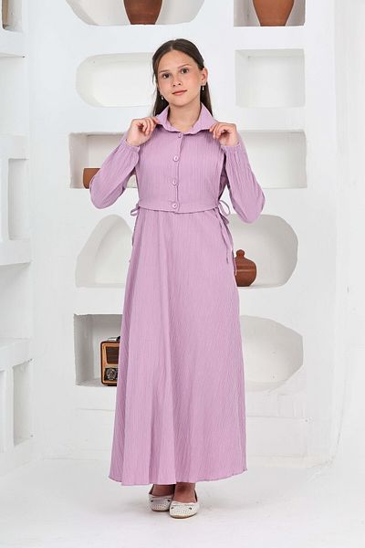 Asortix Girl's Long Length Seersucker Fabric Gilet & Dress Two Piece Set – Lined Elegant Set-4948