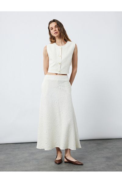 Koton Comfortable Fit Floral Textured Midi Length A-Line Skirt