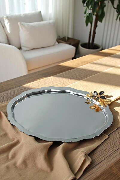 Yaren Style Luxury 3-Piece Oval Mini Lily Flower Figured Stainless Steel Coffee Presentation Tray – Non-Tarnishing Elegance