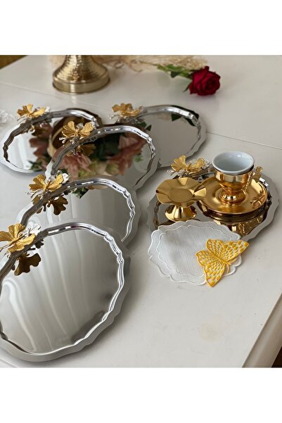 MGEStore 6 Pieces Tray Stainless Steel Oval Model Serving Presentation Tea Coffee Tray with Butterfly Accessories