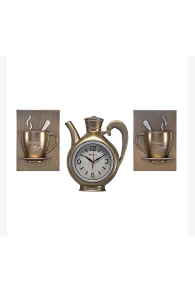 mutfakdeko FİNCAN DEKORLU 3 LÜ DEKORATİF MUTFAK SAATİ GOLD RENK
