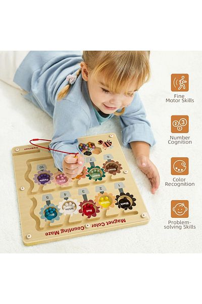 TOYFEST Magnetic Wooden Color and Number Learning Busy Bee Maze Montessori Game