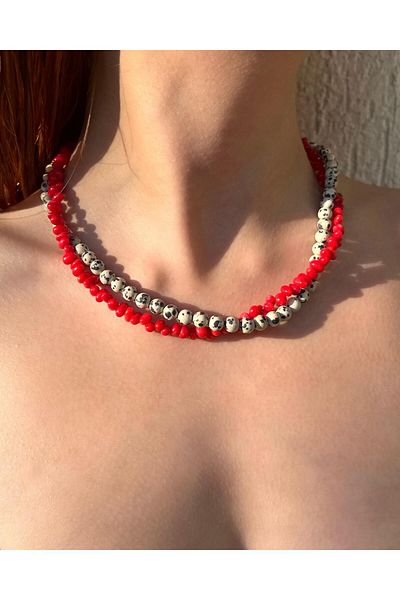 eyla collection Corjas – Double Helix Handmade Necklace with Natural Jasper and Coral Stone