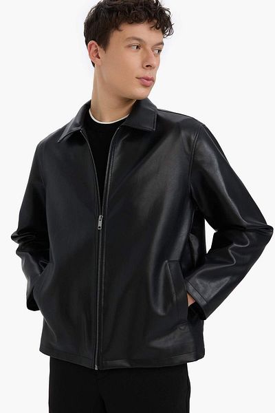 DeFacto Regular Fit Shirt Collar Zipper Faux Leather Jacket Coats E8888Ax25Au