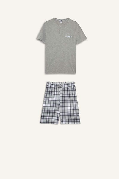 DeFacto Pajama Set Regular Fit Short Sleeve Top Checked Shorts E7185Ax25Hs