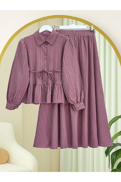 Modamorfo Ruffled Skirt, Buttoned Waist, Lace-Up Skirt Suit - Cherry