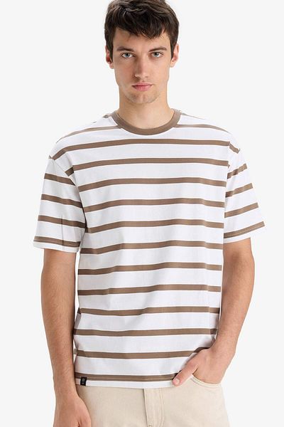 DeFacto 100% Cotton Boxy Fit Relaxed Fit Crew Neck Striped Short Sleeve T-Shirt E1160Ax25Au