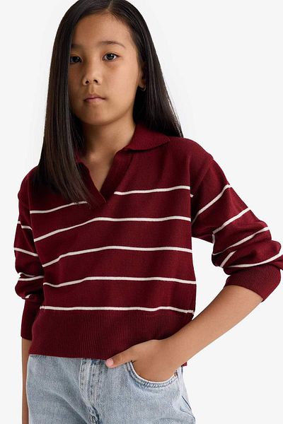 DeFacto Pulover pentru fete, cu guler polo, cu dungi, tricotaj E7737A825AU