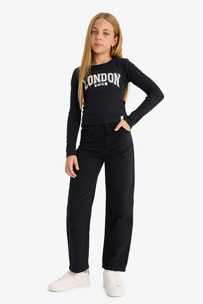 DeFacto Girls' Straight Fit Wide Loose Leg Pocket Cotton School Pants C9471A825Au