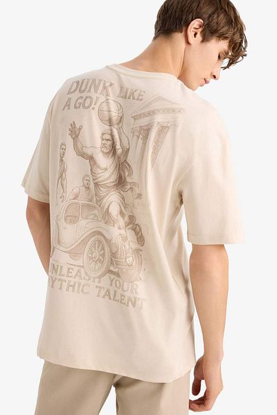 DeFacto 100% Cotton Boxy Fit Relaxed Fit Crew Neck Back Printed Short Sleeve T-Shirt F8330Ax25Au