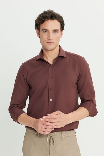AC&Co / Altınyıldız Classics Cămașă Oxford Dobby pentru bărbați, roșu Claret, slim fit, slim, cu guler italian mic