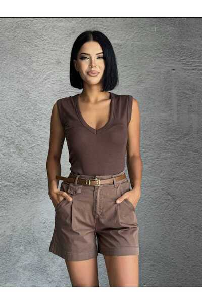 Eda Başak Atelier Wide Leg (Wed Leg) Cep Detaylı Yüksek Bel Mini Şort