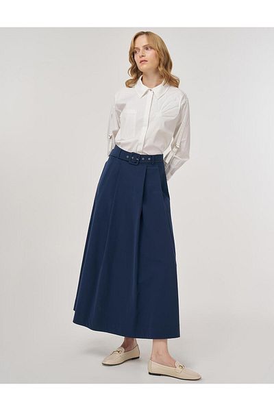 Kayra Belt Detailed A-Line Skirt Dark Navy Blue