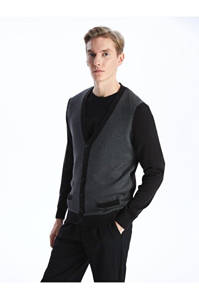 LC Waikiki Μαύρη ανδρική πλεκτή ζακέτα με λαιμόκοψη σε σχήμα V