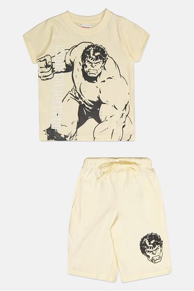 Marvel Toddlers Boy 2 Pcs Crew Neck Graphic Print Top And Shorts Set, Light Yellow