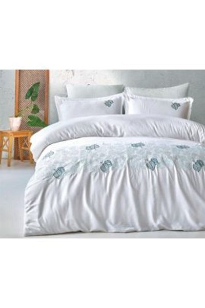 Clasy Lenjerie pat Satin Brodat Premium Lux 100% Bumbac, 6 piese king size, Dalya V 2 Verde Elegant