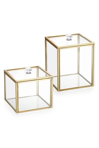 Generic 2PCS Glass Qtip Holder, Bathroom Storage Jar Cotton Ball Dispenser Makeup Sponge Holder Gold Bathro