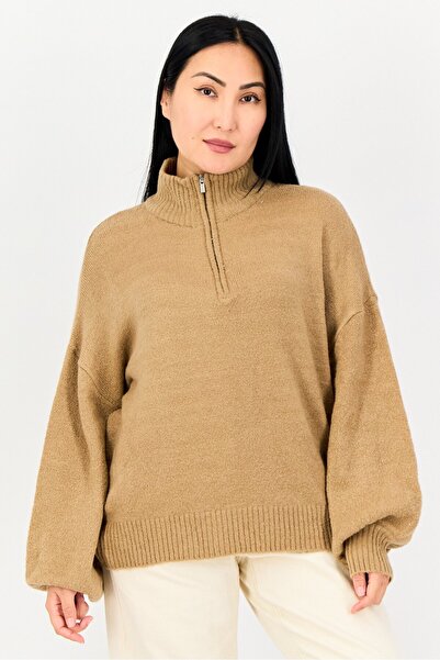 French Connection Women High Neck Textured Long Sleeves Sweater, Tan