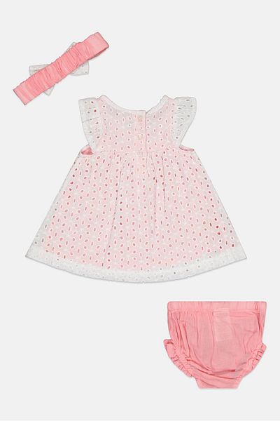 Quiltex Toddlers Girl 3 Pieces Eyelet Dress Set, Multicolor