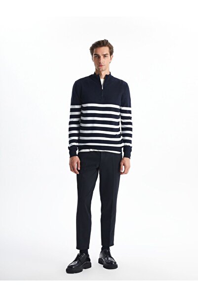 LC Waikiki Μπλε ναυτικό ψηλός λαιμός μακρυμάνικο ριγέ ανδρικό πλεκτό πουλόβερ