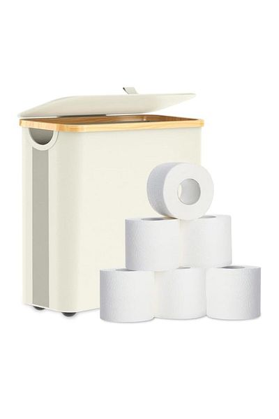 Generic LENND Toilet Paper Organizer and Storage, Bamboo Toilet Roll Storage Basket with Lid, Free Standing