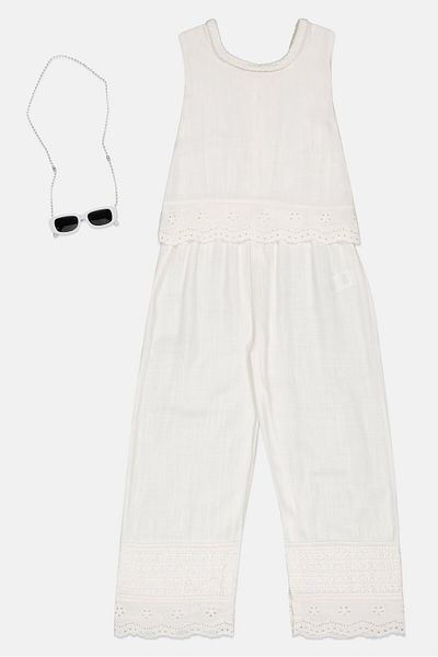 Willow & Whistle Kids Girl Eyelet Sleeveless Jumpsuit With Sunglasses, Off White