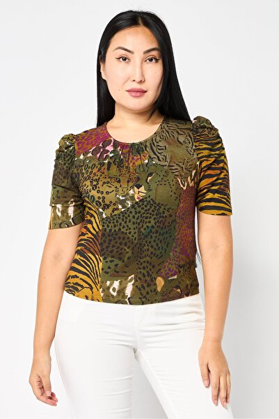 Desigual Women Round Neck Short Sleeve Allover Print Top, Multicolor