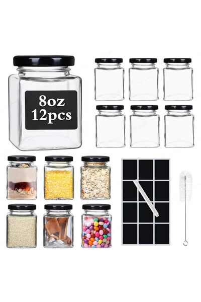 Generic عبوة من ١٢ برطمانًا زجاجيًا مربعًا من SKYLINK سعة ٨ أونصات مع أغطية س...
