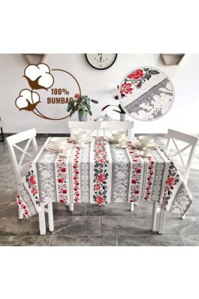 Ralex Round Tablecloth 140 cm Stain-Resistant 100% Cotton, Traditional Gray Red Print