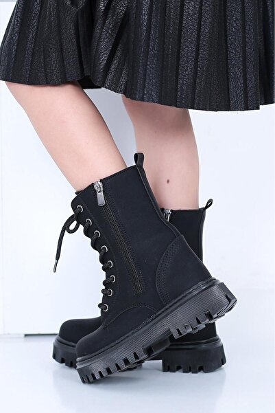 Raynok Kız Çocuk Süet Yanı Fermuar Detaylı Bağcıklı Ve Fermuarlı Bot Siyah