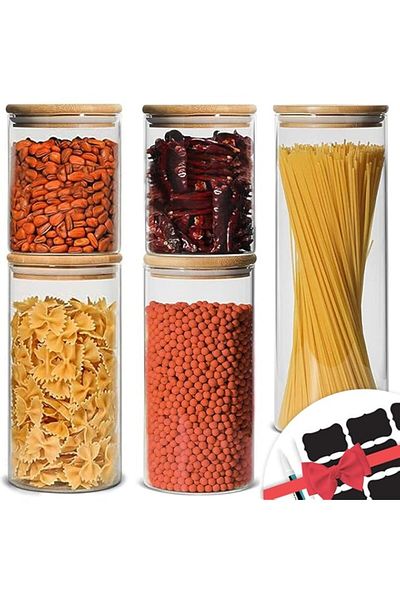 Generic AMROAH 5 pcs Round Glass Storage Jar with Bamboo Lids 600 900 1200 ml, Glass Clear Stackable Contai