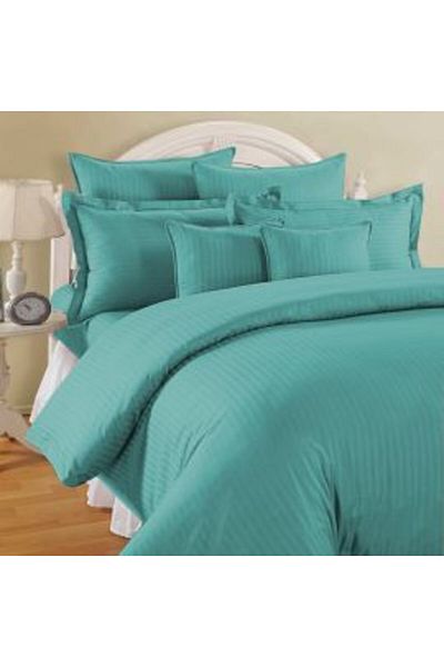 HomePuls Set de lenjerie de pat dublu King Size, 6 piese, model damasc din poliester și bumbac, dungi 1 cm, turcoaz