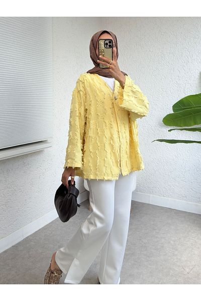 Modamorfo Kimono cu model pătrat cu un singur buton cu franjuri - Galben