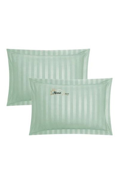 HomePuls Set 2 Pillowcases 50 x 70 cm 100% Cotton Damask 1 cm Stripe and 3.5 cm Border Hem, Mint Green