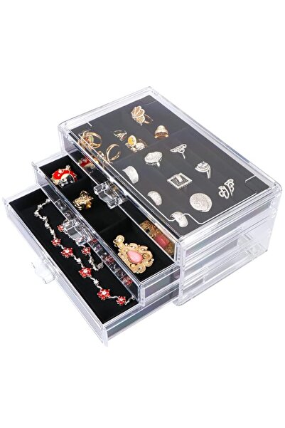 Generic صندوق مجوهرات شفاف من هوماركت بثلاثة أدراج، منظم مجوهرات مخملي للنساء...
