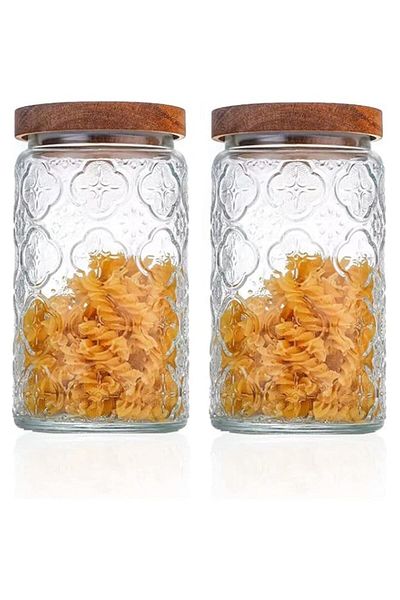 Generic Excefore Vintage Glass Storage Jars Set of 2 with Wooden Lids - Airtight Kitchen Containers for Tea