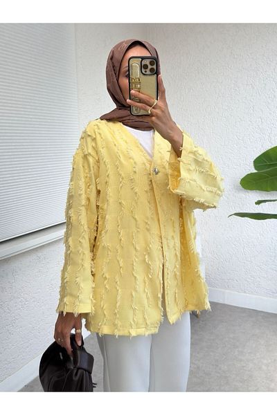 Modamorfo Kimono cu model pătrat cu un singur buton cu franjuri - Galben