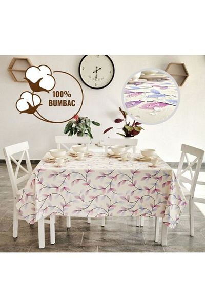Ralex Round Tablecloth 140 cm Anti-Stain 100% Cotton, Purple Leaves