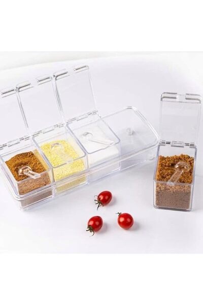 Generic 4-Piece Acrylic Condiment Organizer With Covers And Spoons, Plastic Spice Rack, Seasoning Box, And